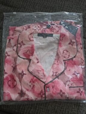 Pink Floral Pajama Top And Bottom with Black Piping